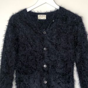 Zara Girl Navy Fuzzy Button Up Sweater 